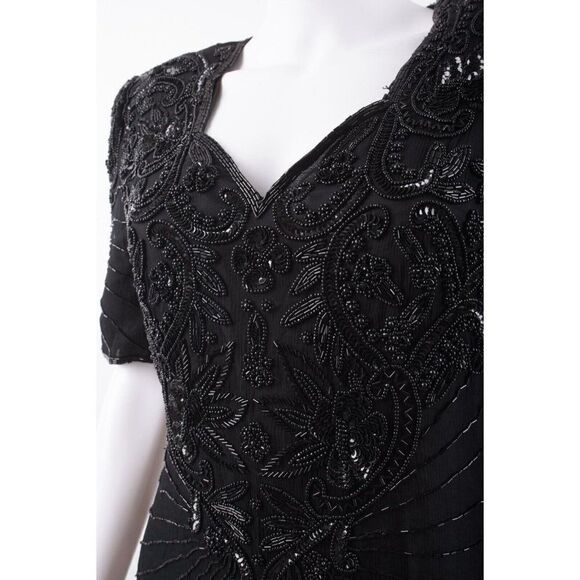 Vintage Scala Womans Silk Evening Dress Size Petite L PL Black Beaded Formal - Picture 4 of 6